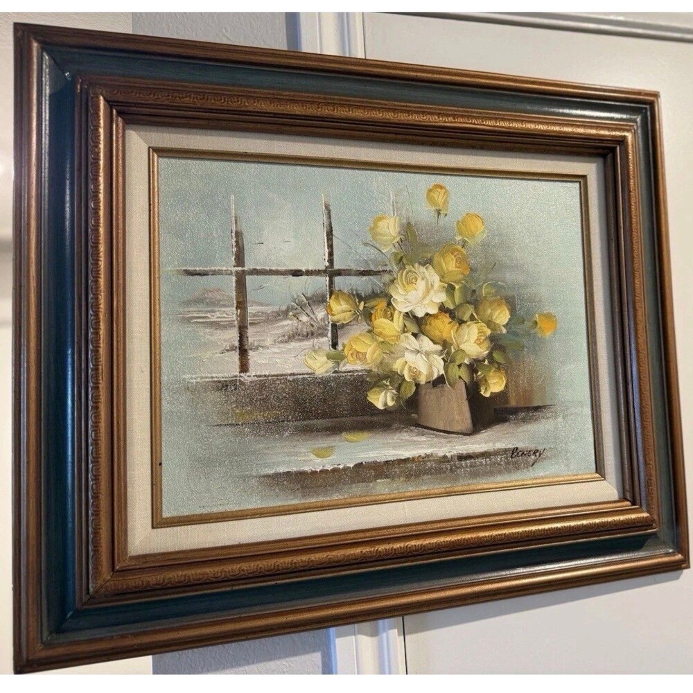 VTG 1960s Yellow Rose Oil Painting Signed by Henry